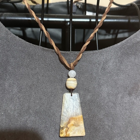 Coral Agate Pendant Necklace with White Jade and Crazy Lace on 2 Tone Faux Suede - Picture 10 of 11